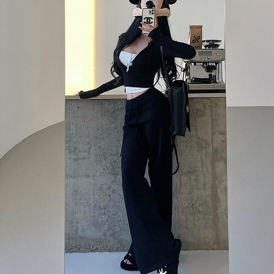 이지 웨어 세트 = 후드 지퍼 카디건 재킷 + 하이웨이스트 레그 캐주얼 팬츠