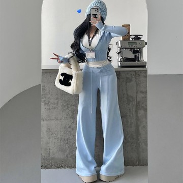 이지 웨어 세트 = 후드 지퍼 카디건 재킷 + 하이웨이스트 레그 캐주얼 팬츠